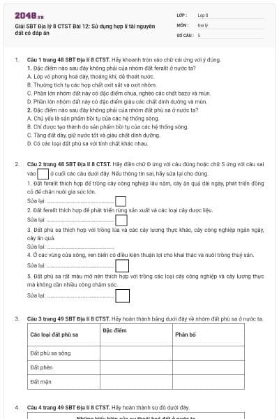 Giải SBT Địa lý 8 CTST Bài 12: Sử dụng hợp lí tài nguyên đất có đáp án