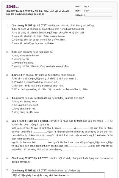 Giải SBT Địa lý 8 CTST Bài 13: Đặc điểm sinh vật và vấn đề bảo tồn đa dạng sinh học có đáp án