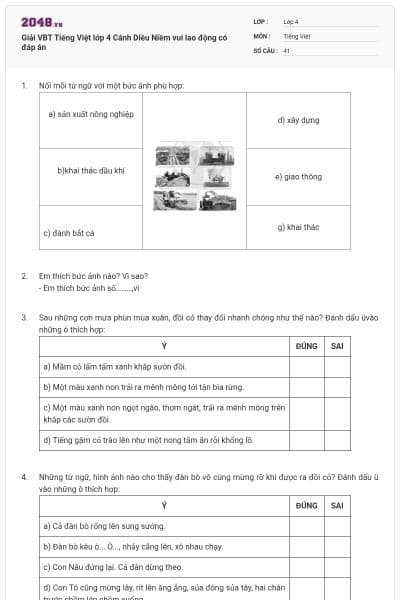 Giải VBT Tiếng Việt lớp 4 Cánh Diều Niềm vui lao động có đáp án