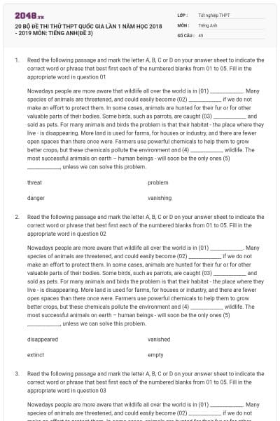 20 BỘ ĐỀ THI THỬ THPT QUỐC GIA LẦN 1 NĂM HỌC 2018 - 2019 MÔN: TIẾNG ANH(ĐỀ 3)