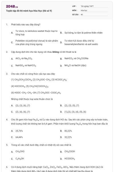 Tuyển tập đề thi minh họa Hóa Học (Đề số 9)