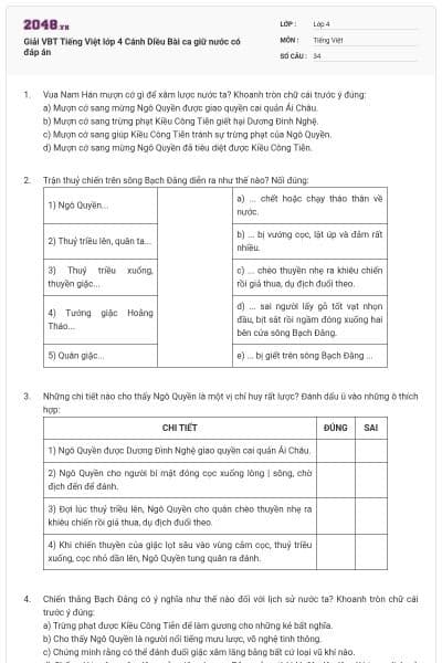 Giải VBT Tiếng Việt lớp 4 Cánh Diều Bài ca giữ nước có đáp án