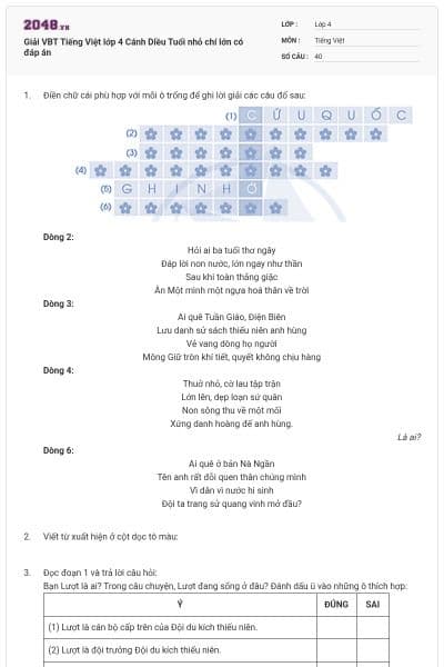 Giải VBT Tiếng Việt lớp 4 Cánh Diều Tuổi nhỏ chí lớn có đáp án