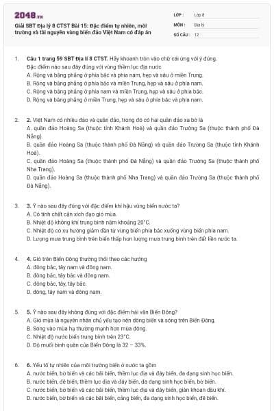 Giải SBT Địa lý 8 CTST Bài 15: Đặc điểm tự nhiên, môi trường và tài nguyên vùng biển đảo Việt Nam có đáp án