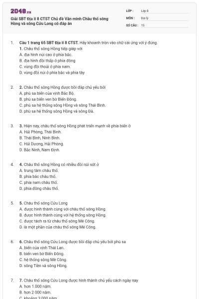 Giải SBT Địa lí 8 CTST Chủ đề Văn minh Châu thổ sông Hồng và sông Cửu Long có đáp án