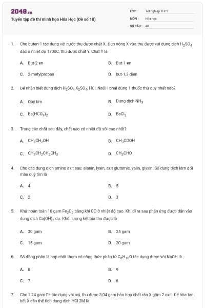 Tuyển tập đề thi minh họa Hóa Học (Đề số 10)