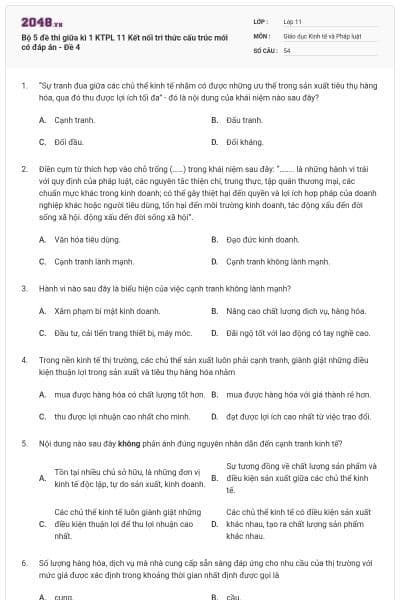 Bộ 5 đề thi giữa kì 1 KTPL 11 Kết nối tri thức cấu trúc mới có đáp án - Đề 4