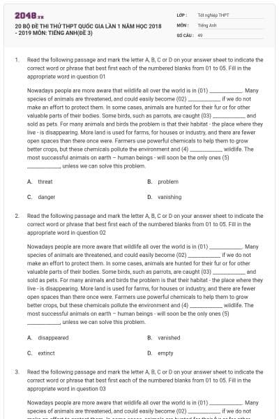 20 BỘ ĐỀ THI THỬ THPT QUỐC GIA LẦN 1 NĂM HỌC 2018 - 2019 MÔN: TIẾNG ANH(ĐỀ 3)