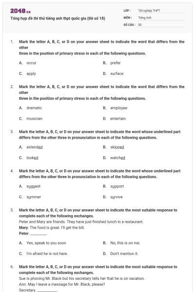 Tổng hợp đề thi thử tiếng anh thpt quốc gia (Đề số 18)