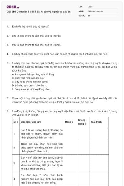 Giải SBT Công dân 8 CTST Bài 4: bảo vệ lẽ phải có đáp án