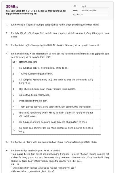 Giải SBT Công dân 8 CTST Bài 5. Bảo vệ môi trường và tài nguyên thiên nhiên có đáp án