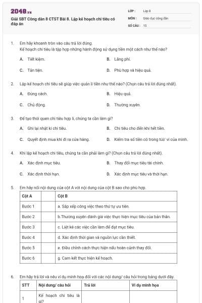 Giải SBT Công dân 8 CTST Bài 8. Lập kế hoạch chi tiêu có đáp án