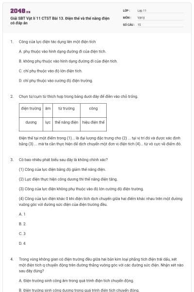 Giải SBT Vật lí 11 CTST Bài 13. Điện thế và thế năng điện có đáp án