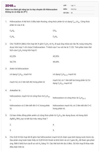 Kiểm tra đánh giá năng lực tư duy chuyên đề Hidrocacbon không no có đáp án (P1)