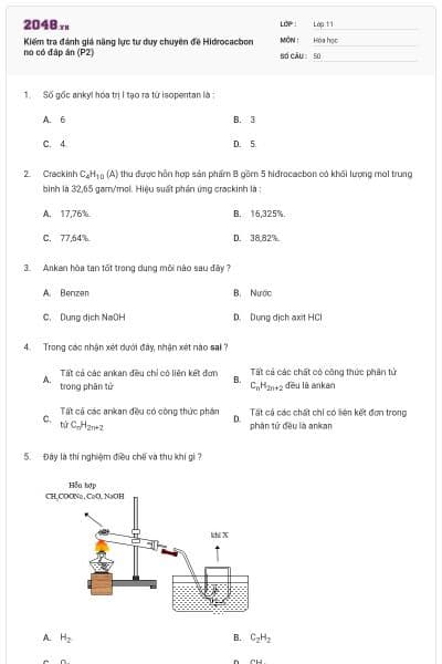 Kiểm tra đánh giá năng lực tư duy chuyên đề Hidrocacbon no có đáp án (P2)