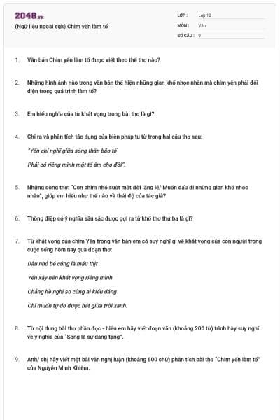 (Ngữ liệu ngoài sgk) Chim yến làm tổ