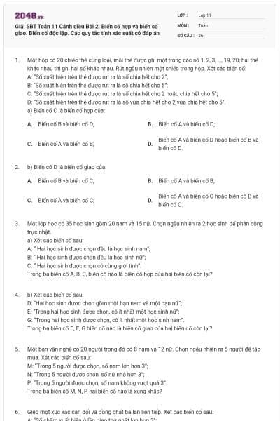 Giải SBT Toán 11 Cánh diều  Bài 2. Biến cố hợp và biến cố giao. Biến cố độc lập. Các quy tắc tính xác suất có đáp án