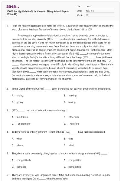 15000 bài tập tách từ đề thi thử môn Tiếng Anh có đáp án (Phần 42)