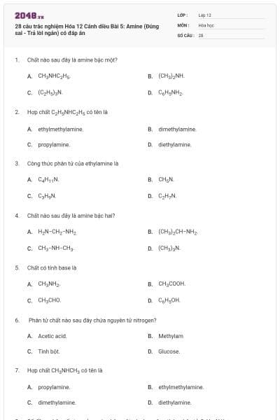 28 câu trắc nghiệm Hóa 12 Cánh diều Bài 5: Amine (Đúng sai - Trả lời ngắn) có đáp án