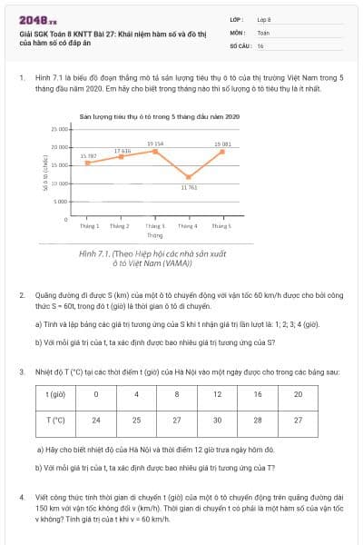 Giải SGK Toán 8 KNTT Bài 27: Khái niệm hàm số và đồ thị của hàm số có đáp án