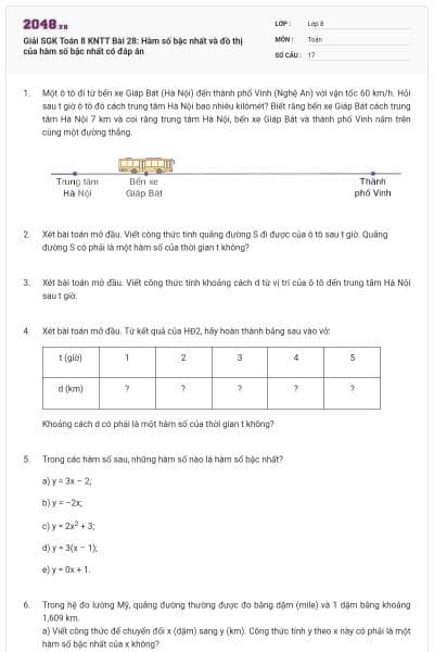 Giải SGK Toán 8 KNTT Bài 28: Hàm số bậc nhất và đồ thị của hàm số bậc nhất có đáp án