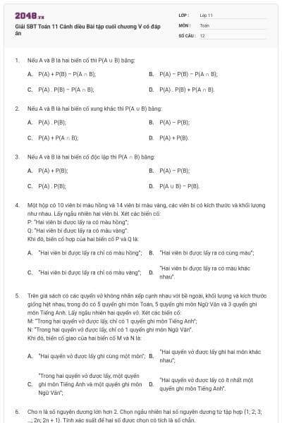 Giải SBT Toán 11 Cánh diều Bài tập cuối chương V có đáp án