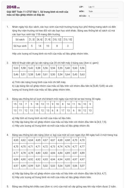 Giải SBT Toán 11 CTST Bài 1. Số trung bình và mốt của mẫu số liệu ghép nhóm có đáp án
