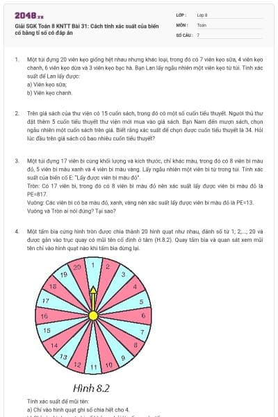 Giải SGK Toán 8 KNTT Bài 31: Cách tính xác suất của biến cố bằng tỉ số có đáp án