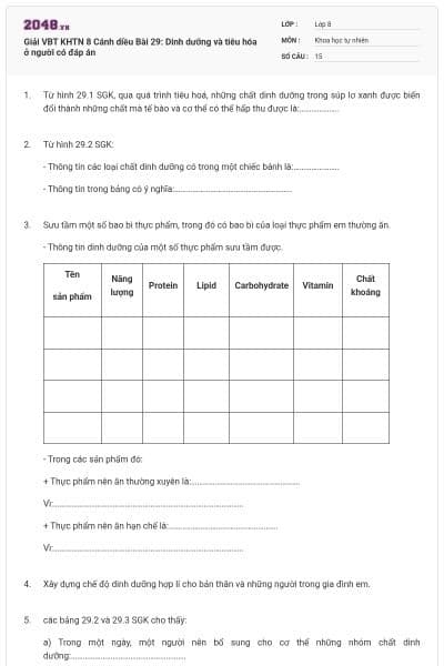 Giải VBT KHTN 8 Cánh diều Bài 29: Dinh dưỡng và tiêu hóa ở người có đáp án