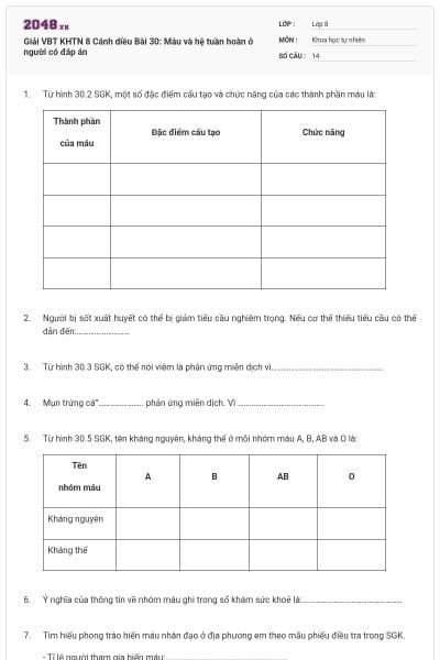 Giải VBT KHTN 8 Cánh diều Bài 30: Máu và hệ tuần hoàn ở người có đáp án
