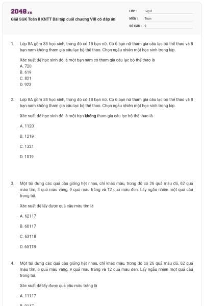 Giải SGK Toán 8 KNTT Bài tập cuối chương VIII có đáp án