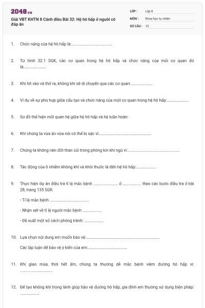 Giải VBT KHTN 8 Cánh diều Bài 32: Hệ hô hấp ở người có đáp án