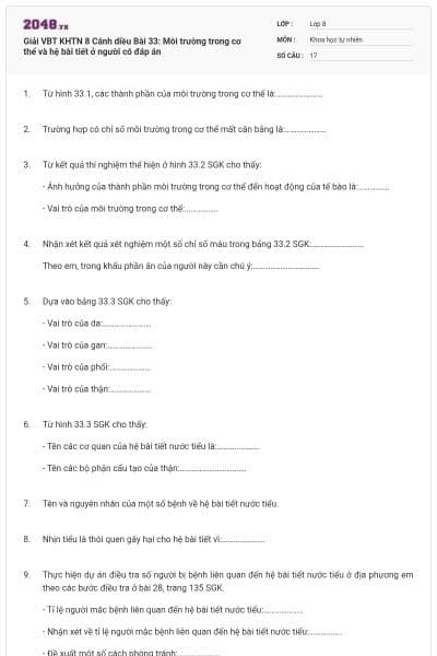 Giải VBT KHTN 8 Cánh diều Bài 33: Môi trường trong cơ thể và hệ bài tiết ở người có đáp án