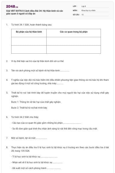 Giải VBT KHTN 8 Cánh diều Bài 34: Hệ thần kinh và các giác quan ở người có đáp án