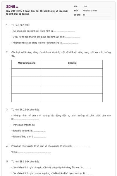 Giải VBT KHTN 8 Cánh diều Bài 38: Môi trường và các nhân tố sinh thái có đáp án