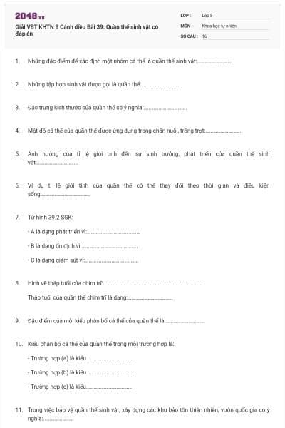 Giải VBT KHTN 8 Cánh diều Bài 39: Quần thể sinh vật có đáp án