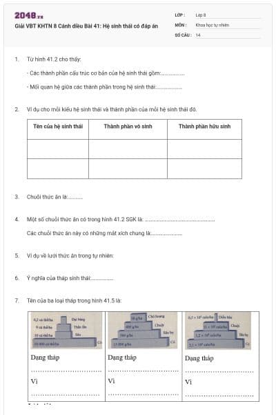 Giải VBT KHTN 8 Cánh diều Bài 41: Hệ sinh thái có đáp án