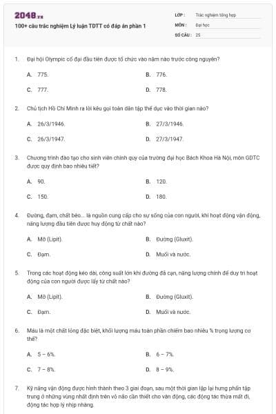 100+ câu trắc nghiệm Lý luận TDTT có đáp án phần 1