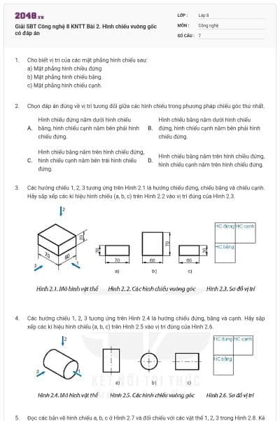 Giải SBT Công nghệ 8 KNTT Bài 2. Hình chiếu vuông gốc có đáp án