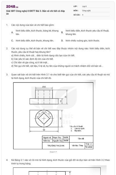 Giải SBT Công nghệ 8 KNTT Bài 3. Bản vẽ chi tiết có đáp án
