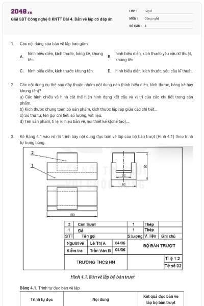 Giải SBT Công nghệ 8 KNTT Bài 4. Bản vẽ lắp có đáp án