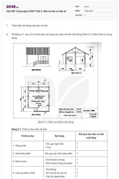 Giải SBT Công nghệ 8 KNTT Bài 5. Bản vẽ nhà có đáp án