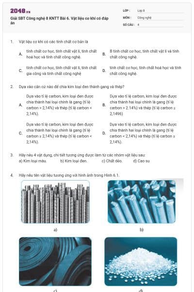 Giải SBT Công nghệ 8 KNTT Bài 6. Vật liệu cơ khí có đáp án