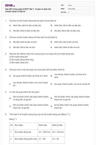 Giải SBT Công nghệ 8 KNTT Bài 7. Truyền và biến đổi chuyển động  có đáp án