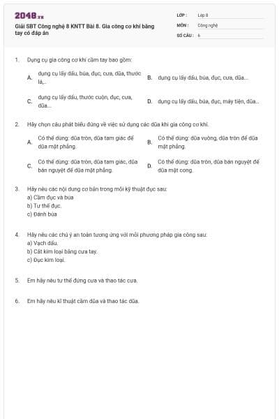 Giải SBT Công nghệ 8 KNTT Bài 8. Gia công cơ khí bằng tay có đáp án