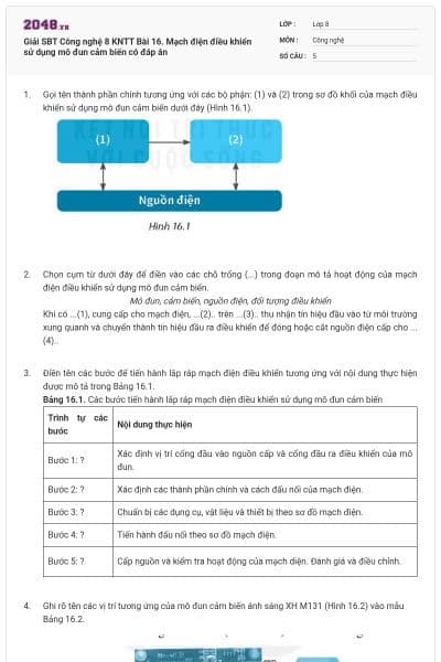 Giải SBT Công nghệ 8 KNTT Bài 16. Mạch điện điều khiển sử dụng mô đun cảm biến có đáp án