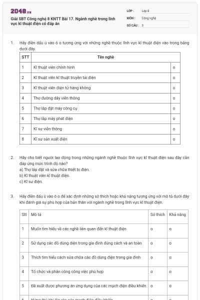 Giải SBT Công nghệ 8 KNTT Bài 17. Ngành nghề trong lĩnh vực kĩ thuật điện có đáp án