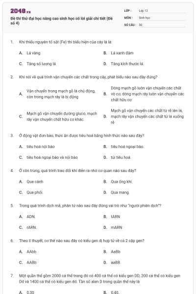 Đề thi thử đại học nâng cao sinh học có lời giải chi tiết (Đề số 4)