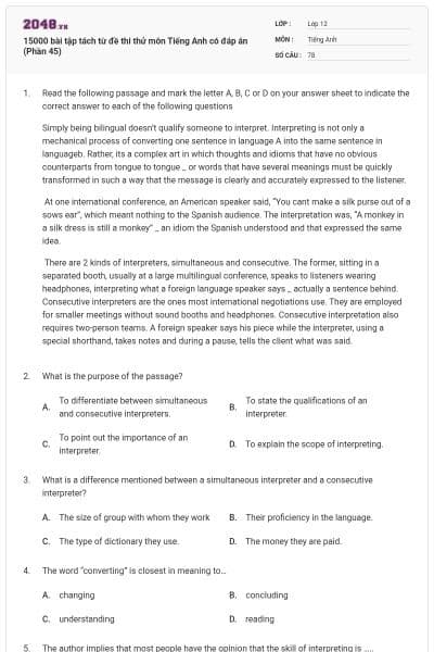 15000 bài tập tách từ đề thi thử môn Tiếng Anh có đáp án (Phần 45)