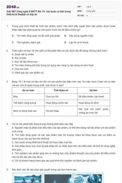 Giải SBT Công nghệ 8 KNTT Bài 19. Các bước cơ bản trong thiết kế kĩ thuậtật có đáp án